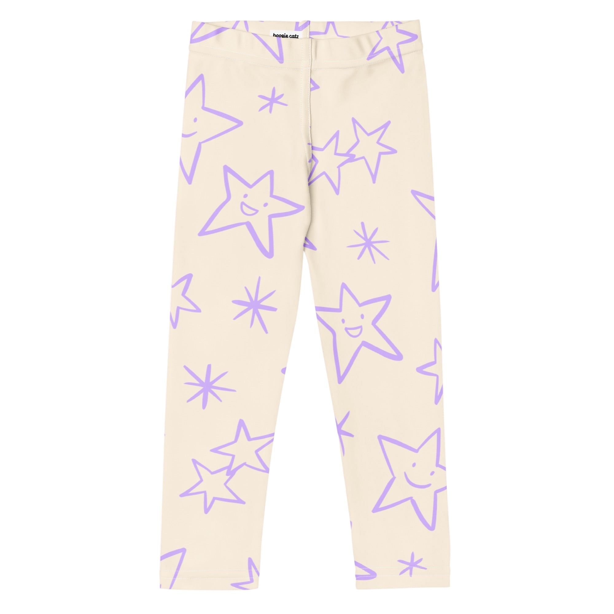 Ecru pants with purple star patterns 
