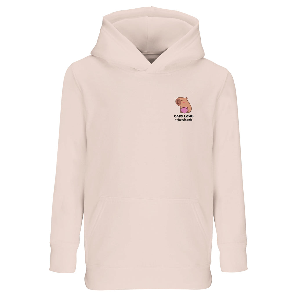 Blush Pink hoodie with a small logo on the chest against a white background
