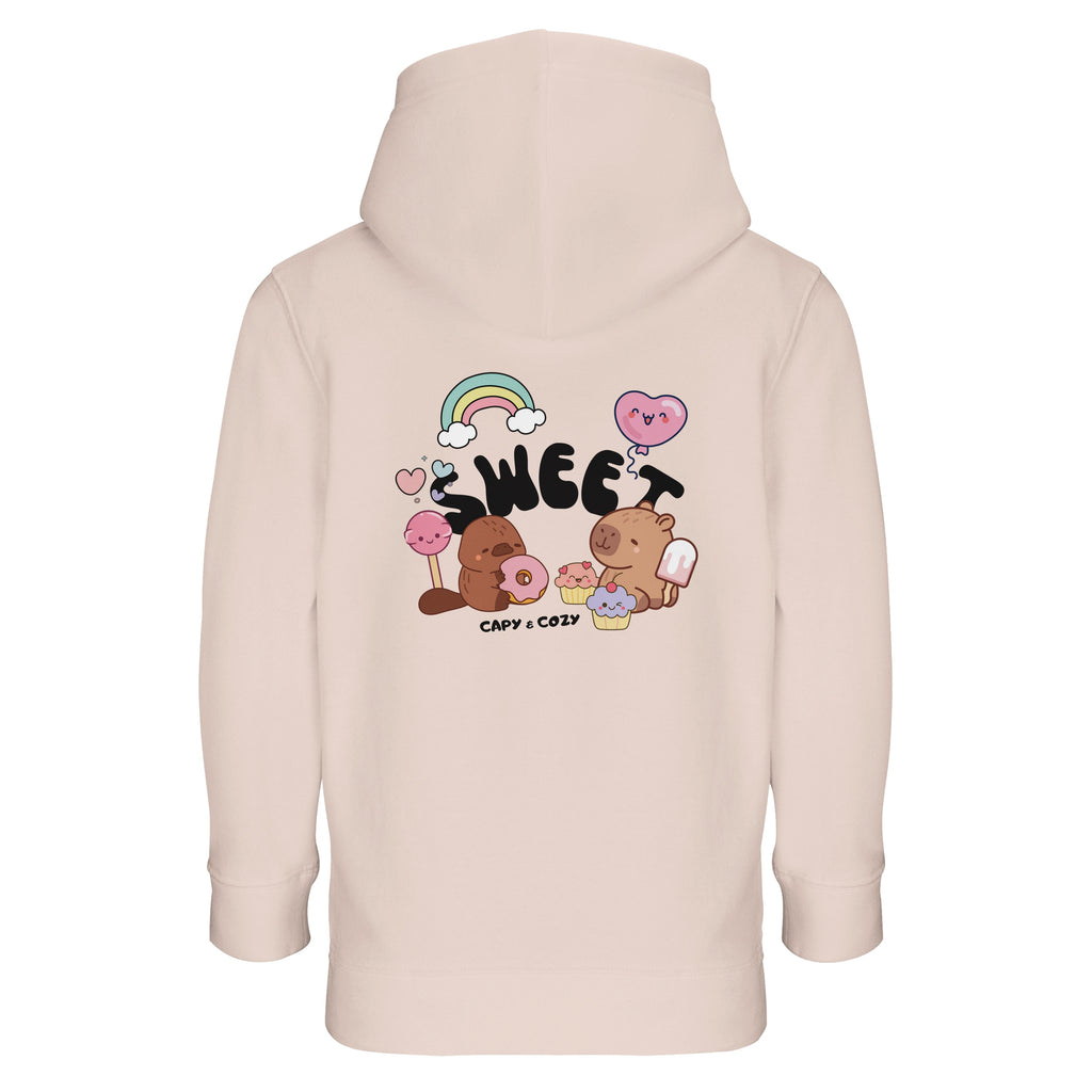 Blush Pink 
hoodie with capybara designs and text on a white background