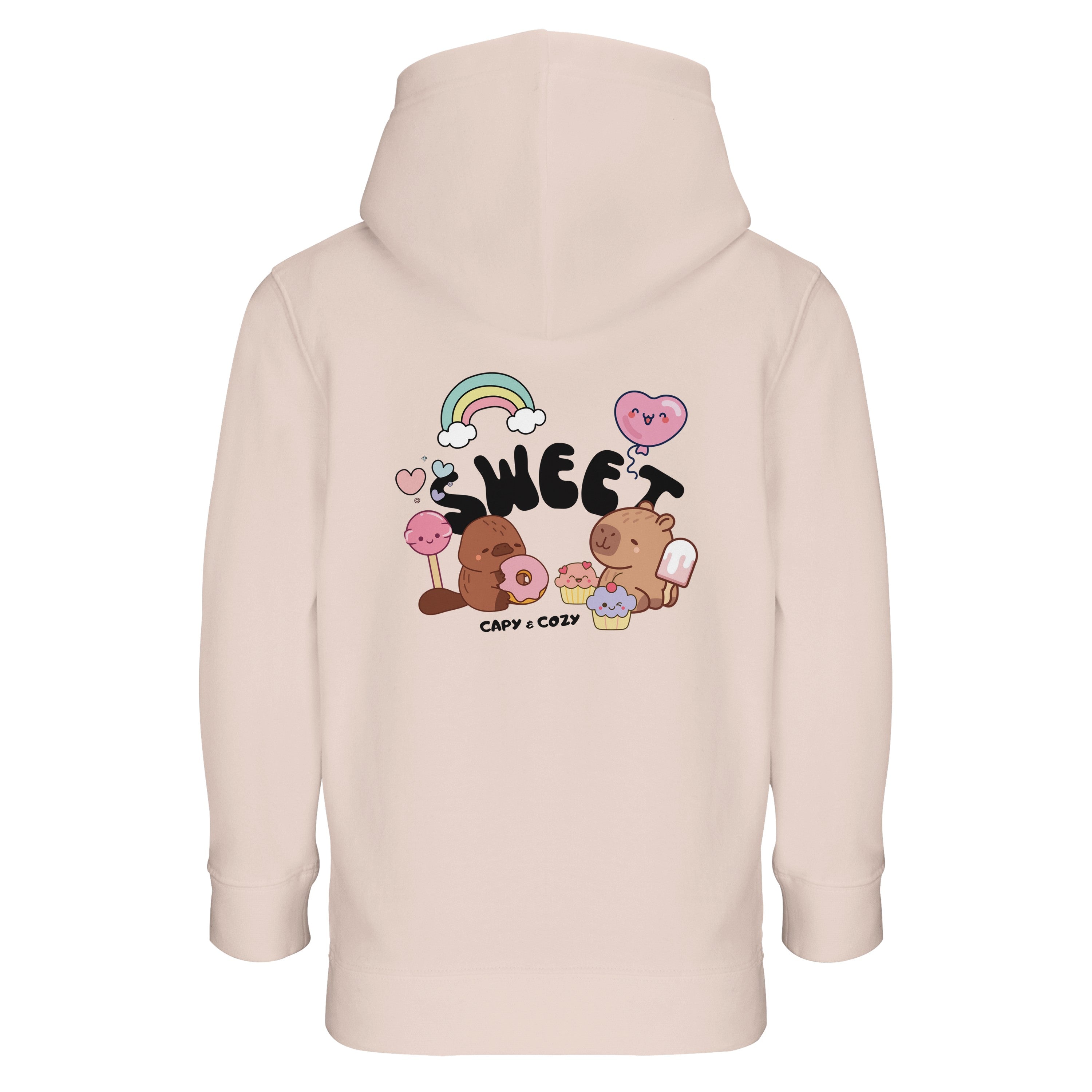 Blush Pink 
hoodie with capybara designs and text on a white background