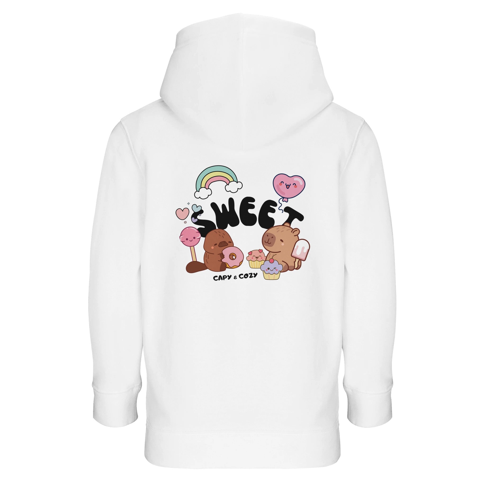 White hoodie with cartoon characters and text on a white background