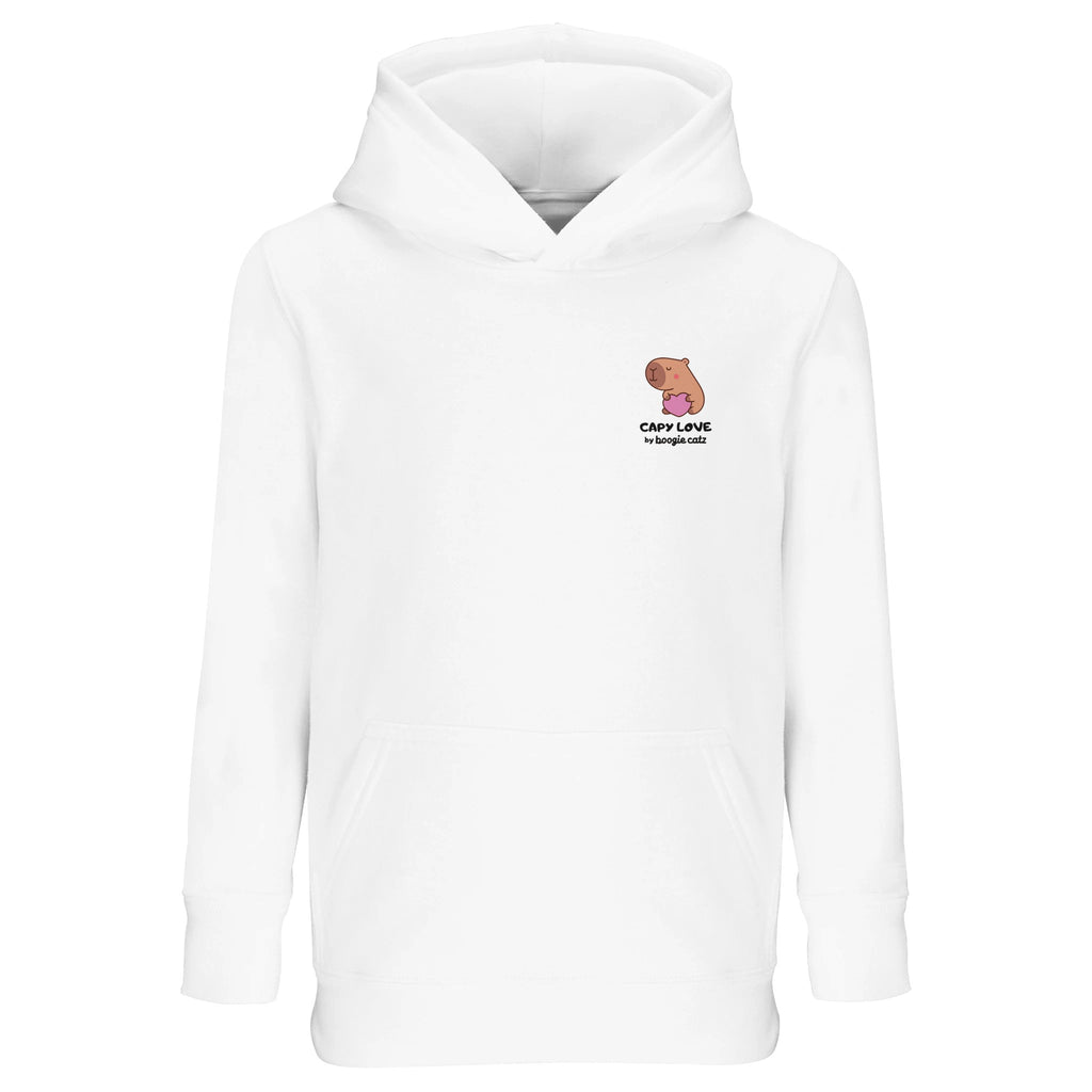 White hoodie with a small logo on the chest against a white background