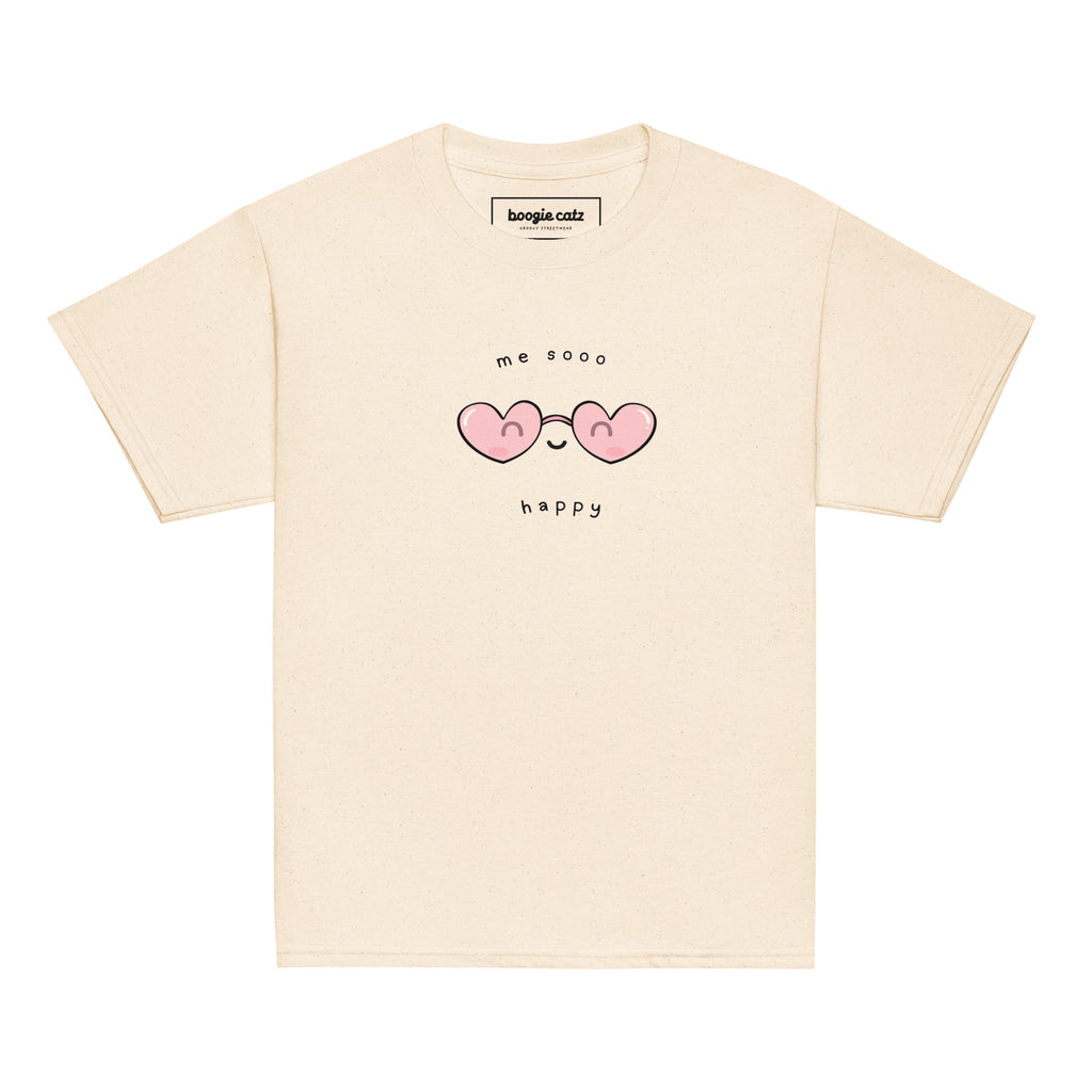 Beige t-shirt with a heart sunglasses graphic and text on a white background