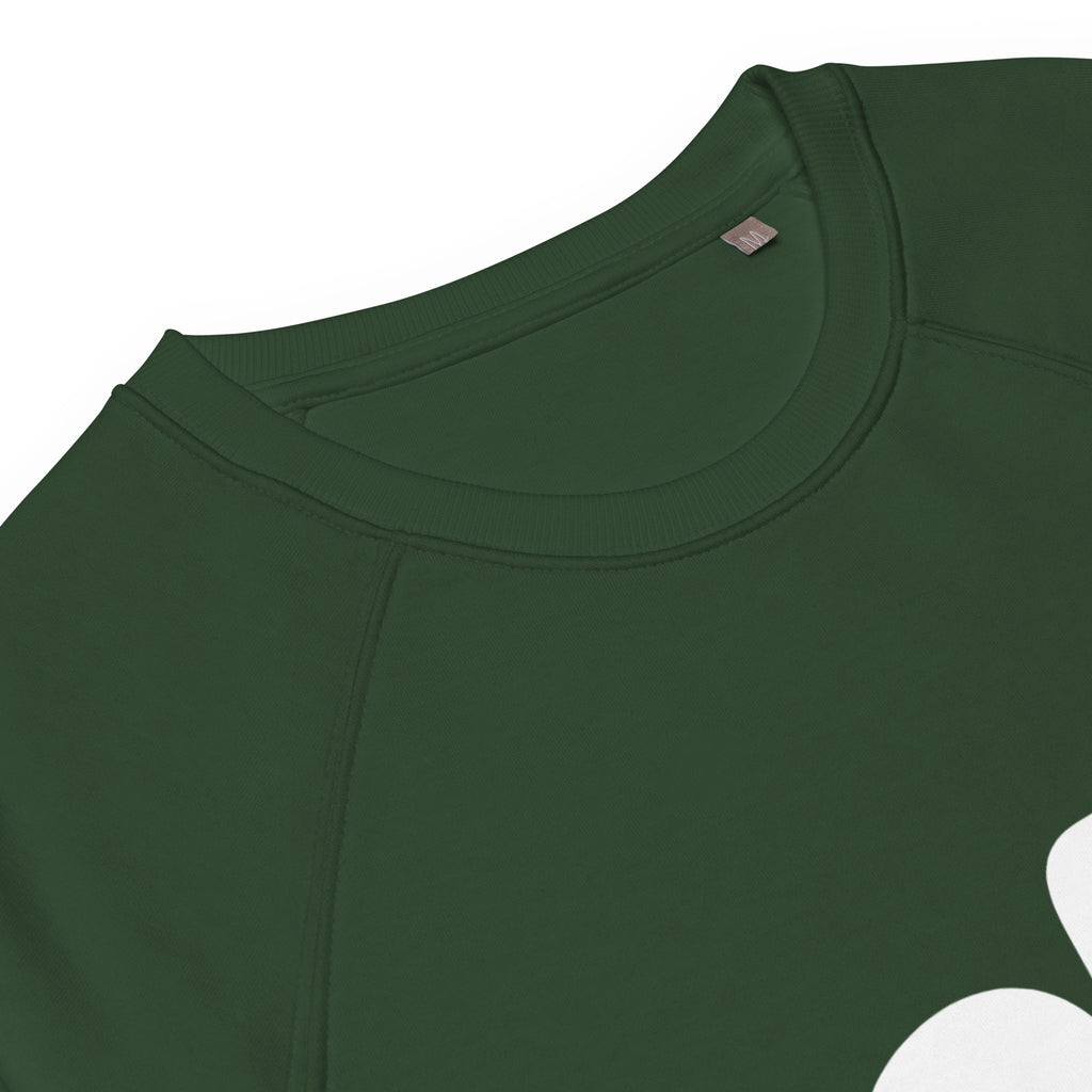 Close-up of a green sweatshirt with a brand tag on a white background