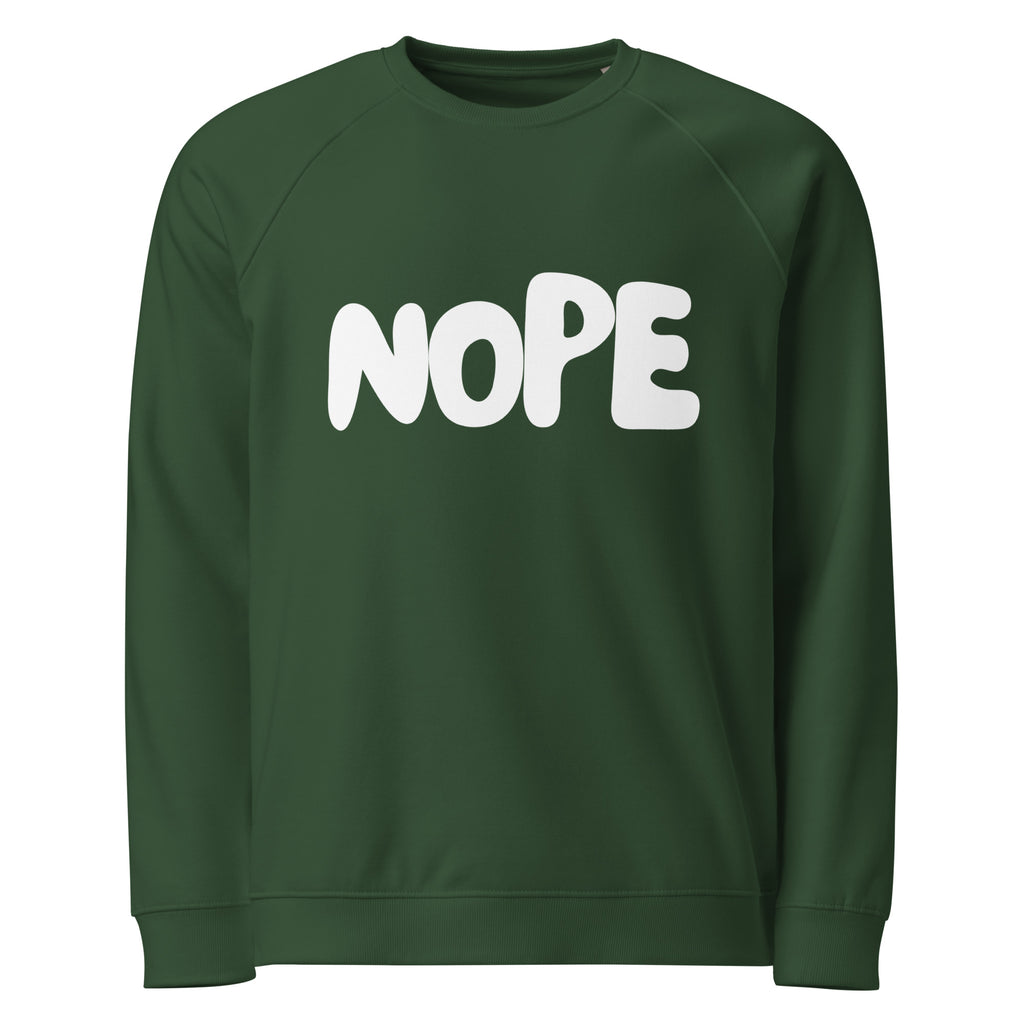Green sweatshirt with 'NOPE' text on a white background
