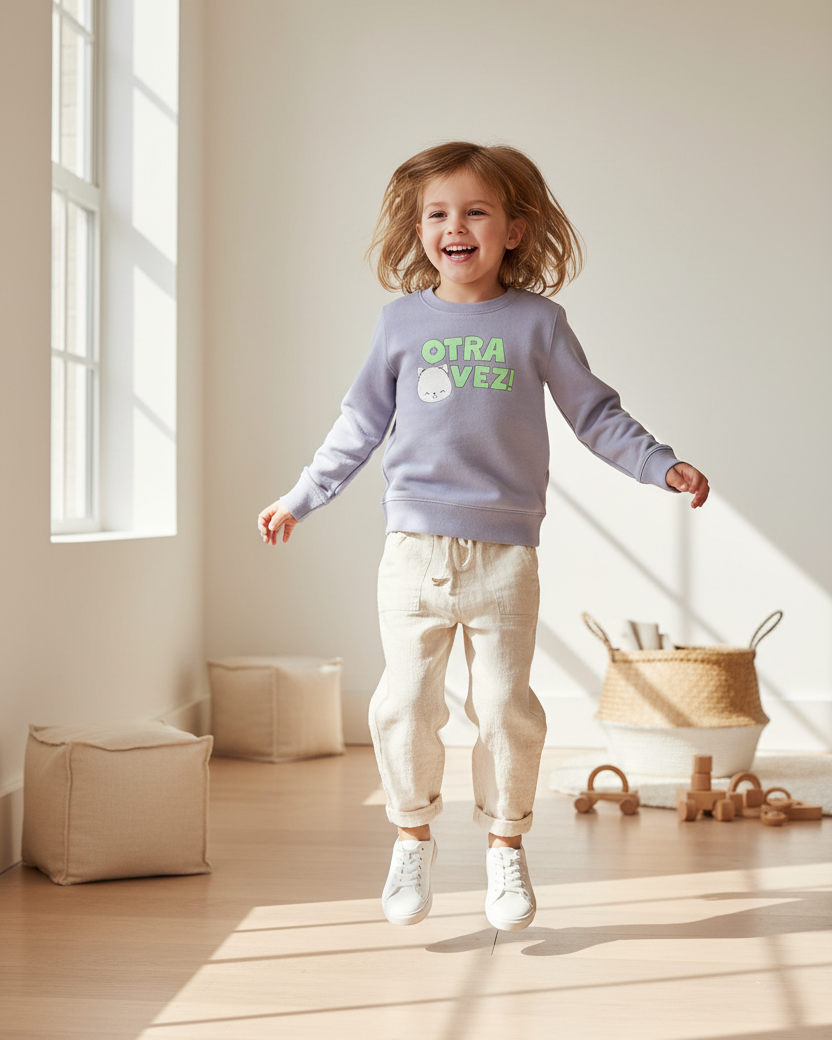 Child in an organic lilac sweatshirt with text and white pants standing in a sunlit room.