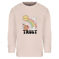 Blush Pink sweatshirt with a cartoon design of a sun, rainbow, and capybara with the word 'TRUST'.