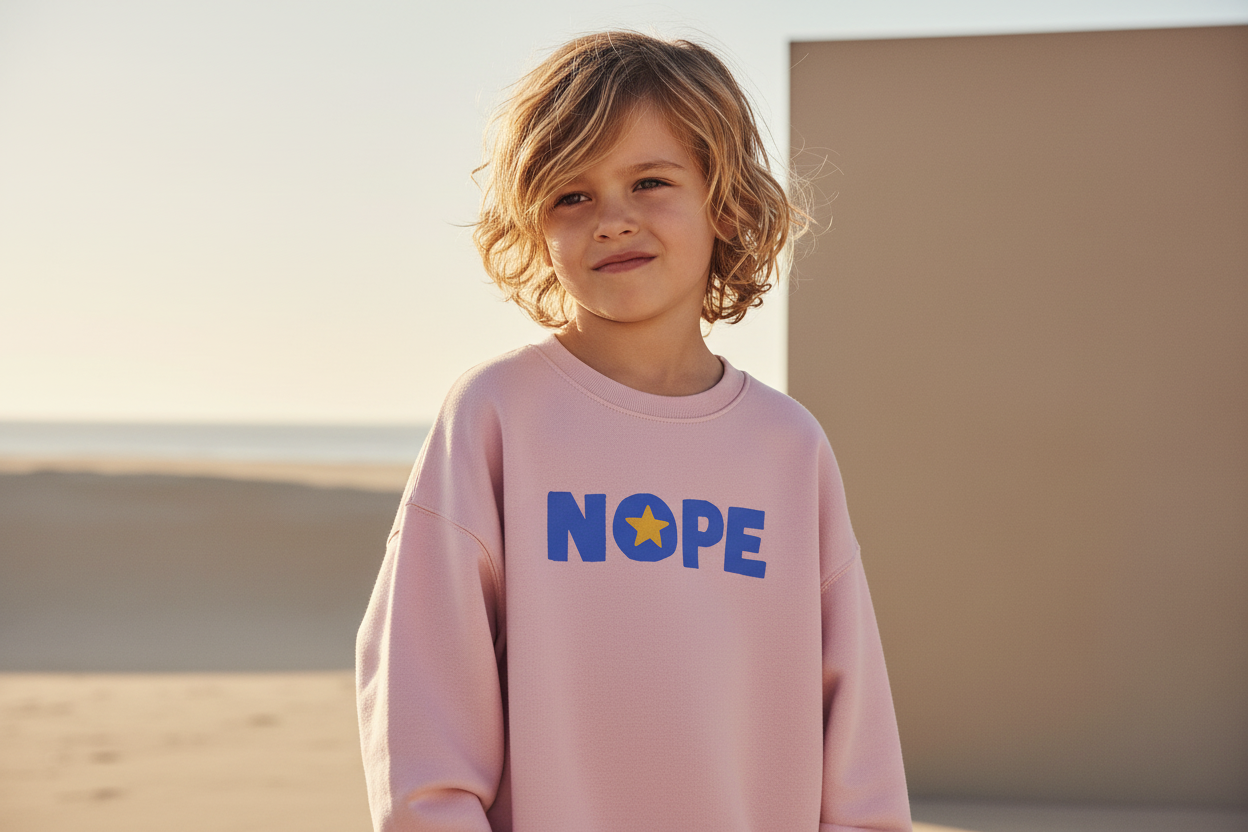 Child wearing a pink sweatshirt with 'NOPE' printed on it, standing against a neutral background.