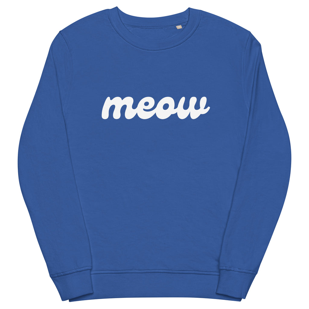 Blue sweatshirt with 'meow' printed on it against a white background
